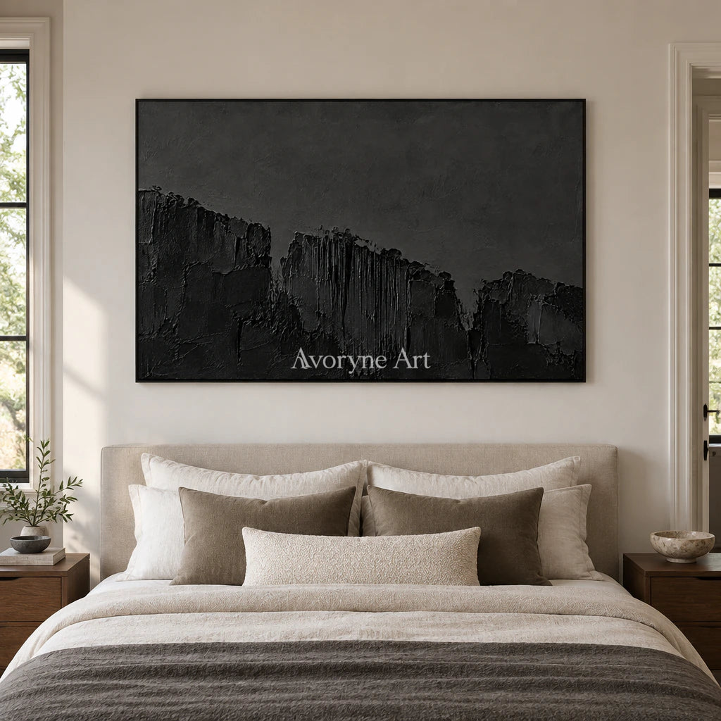 Nocturne Masses: Black Texture Abstract Wall Art — bedroom black