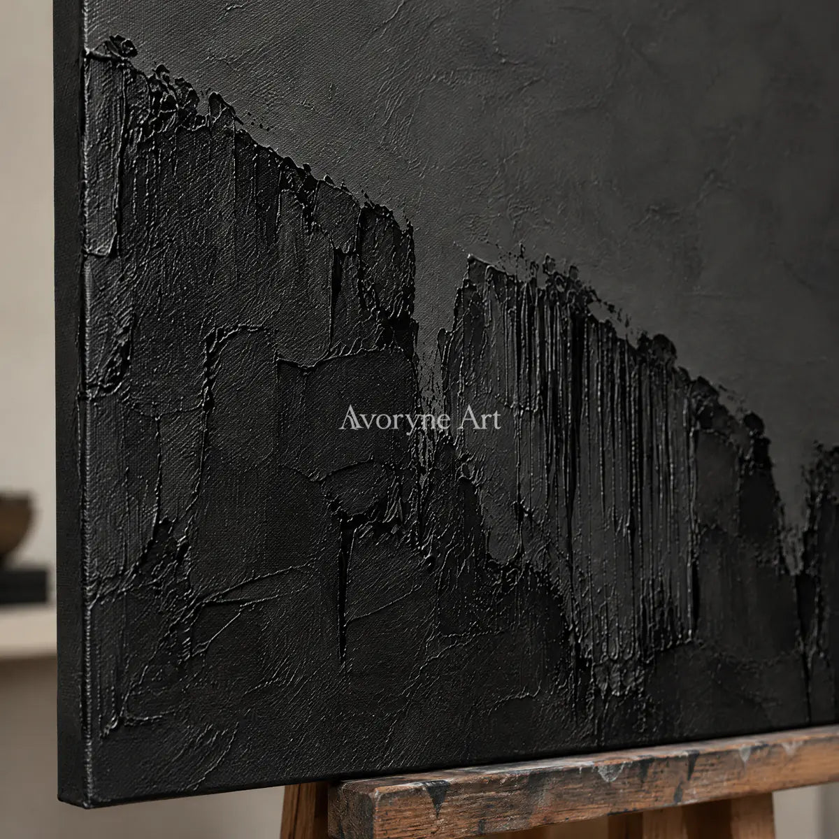 Nocturne Masses: Black Texture Abstract Wall Art — detail easel
