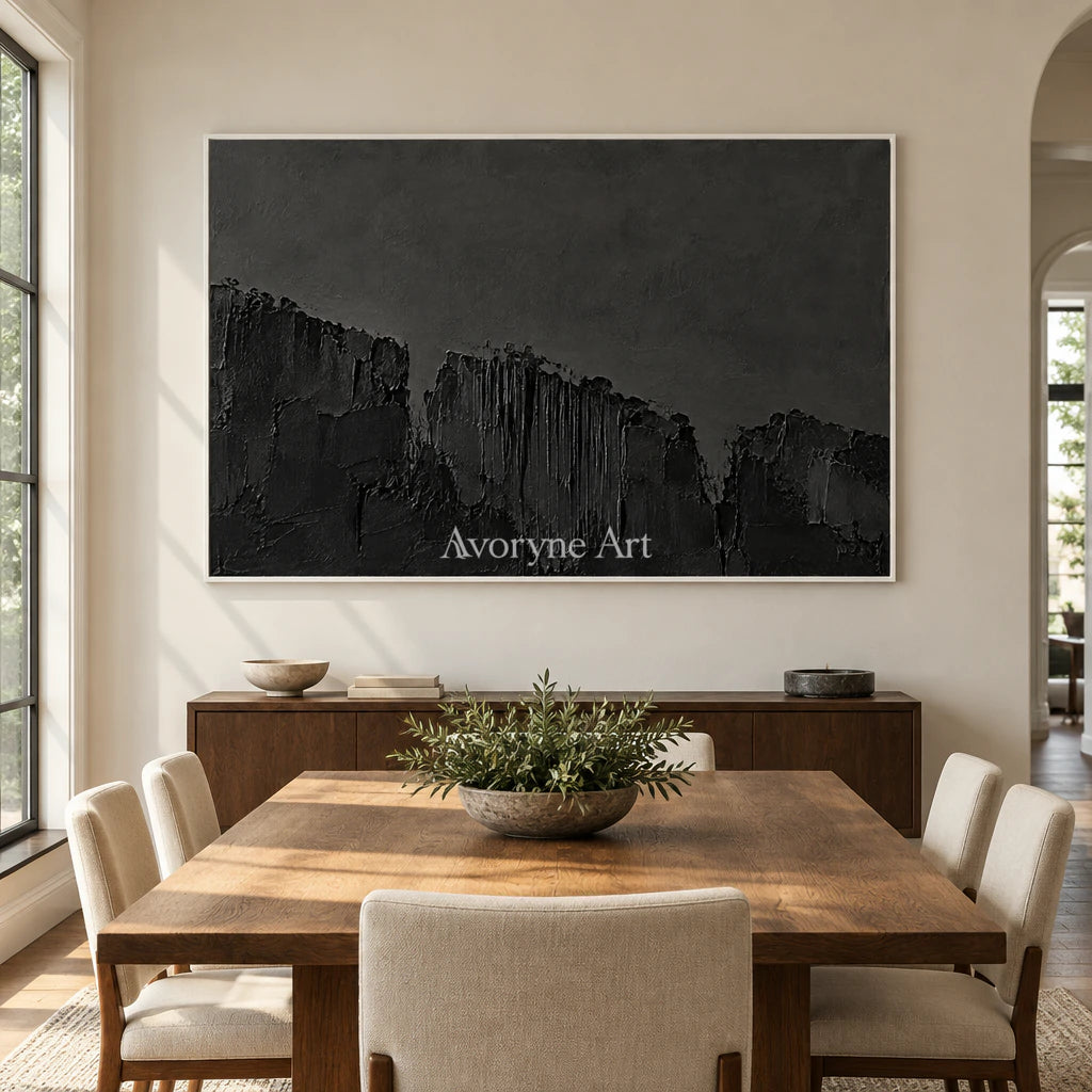 Nocturne Masses: Black Texture Abstract Wall Art — dining white