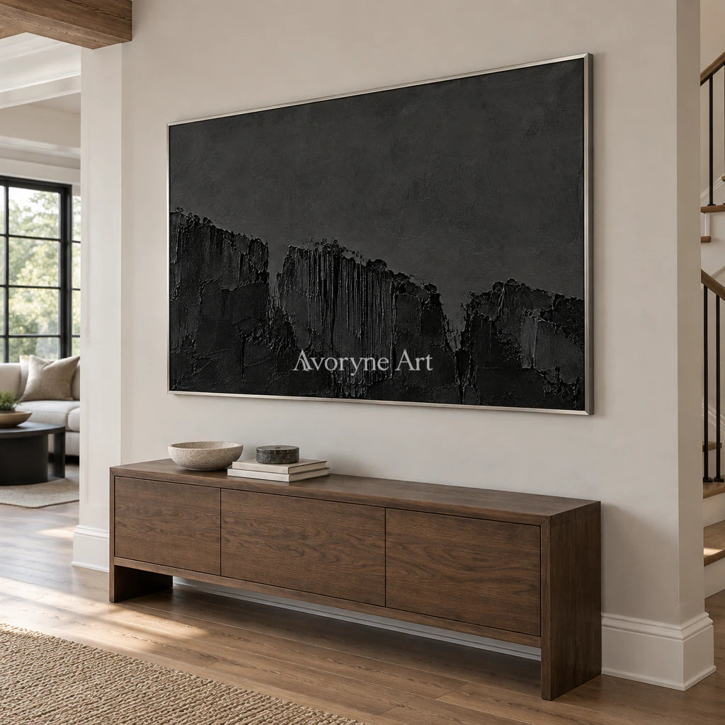 Nocturne Masses: Black Texture Abstract Wall Art — entry silver