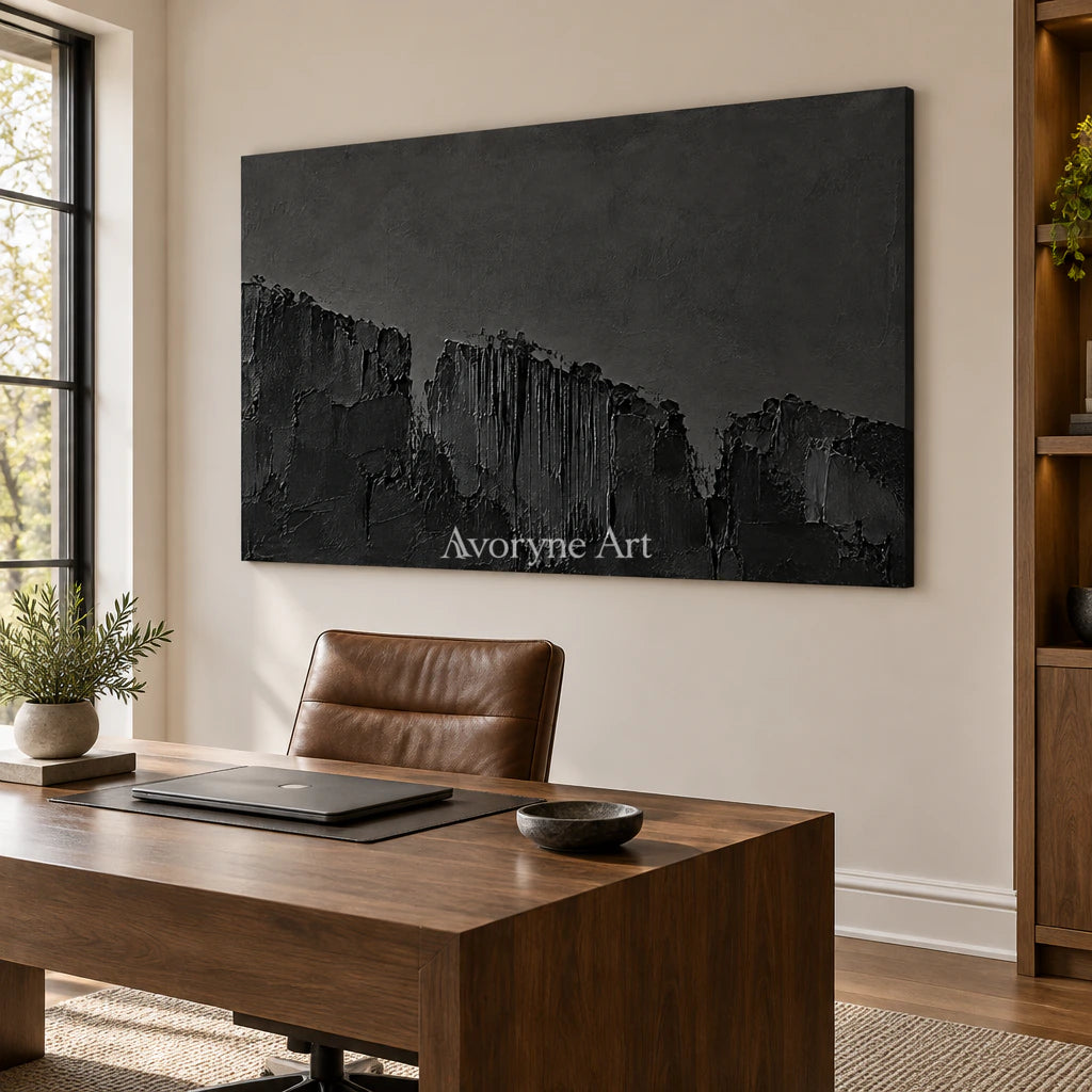 Nocturne Masses: Black Texture Abstract Wall Art — office frameless