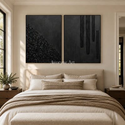 Obsidian Rhythm: Black Texture Diptych Wall Art — bedroom black