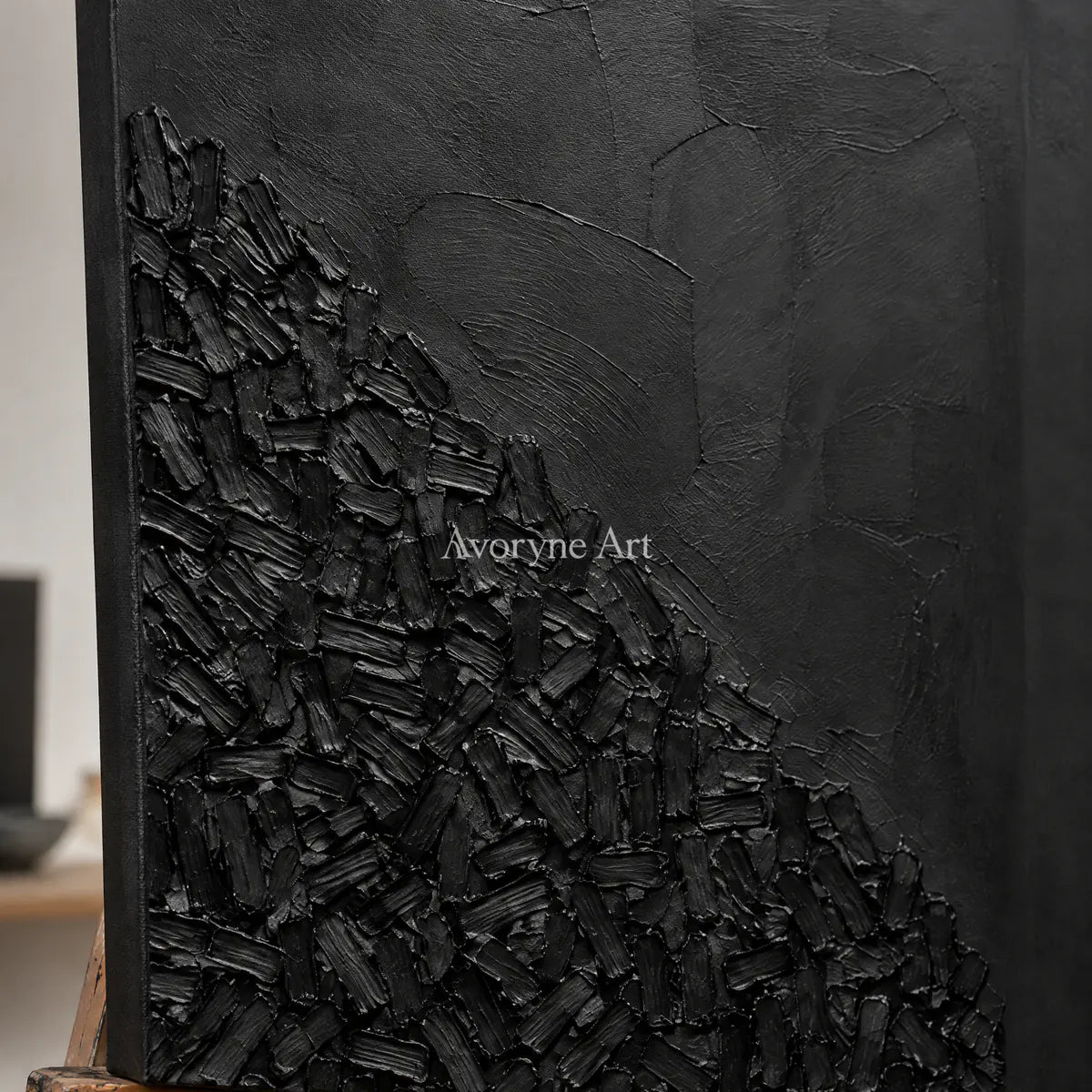 Obsidian Rhythm: Black Texture Diptych Wall Art — detail easel