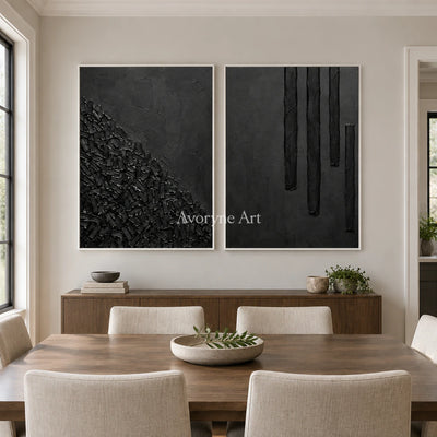 Obsidian Rhythm: Black Texture Diptych Wall Art — dining white