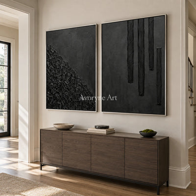 Obsidian Rhythm: Black Texture Diptych Wall Art — entry silver