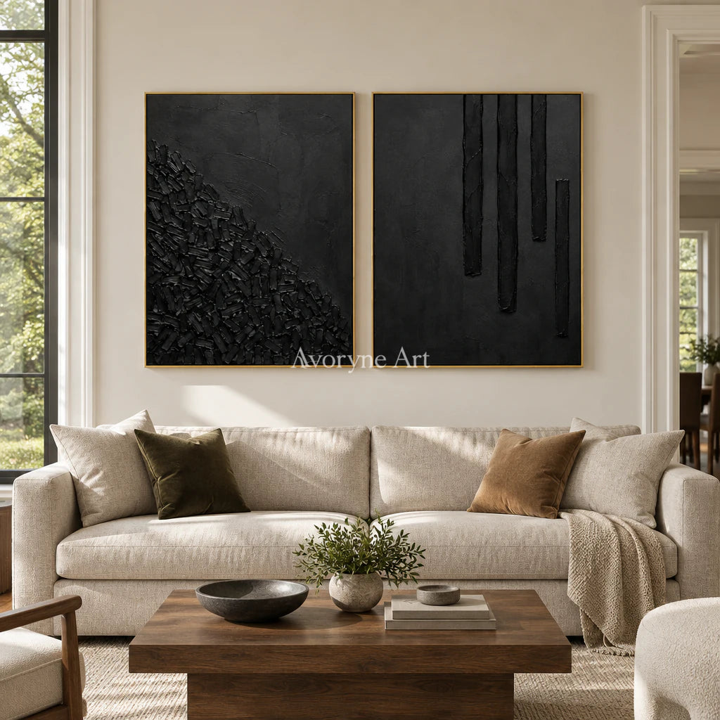 Obsidian Rhythm: Black Texture Diptych Wall Art — living gold