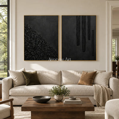 Obsidian Rhythm: Black Texture Diptych Wall Art — living gold