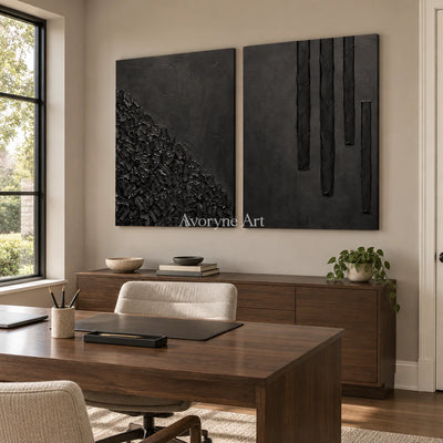 Obsidian Rhythm: Black Texture Diptych Wall Art — office frameless