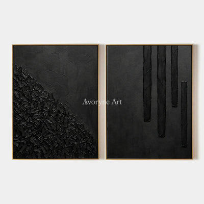 Obsidian Rhythm: Black Texture Diptych Wall Art — primary
