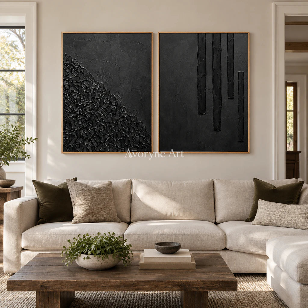 Obsidian Rhythm: Black Texture Diptych Wall Art — villa wood