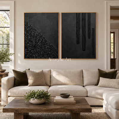 Obsidian Rhythm: Black Texture Diptych Wall Art — villa wood