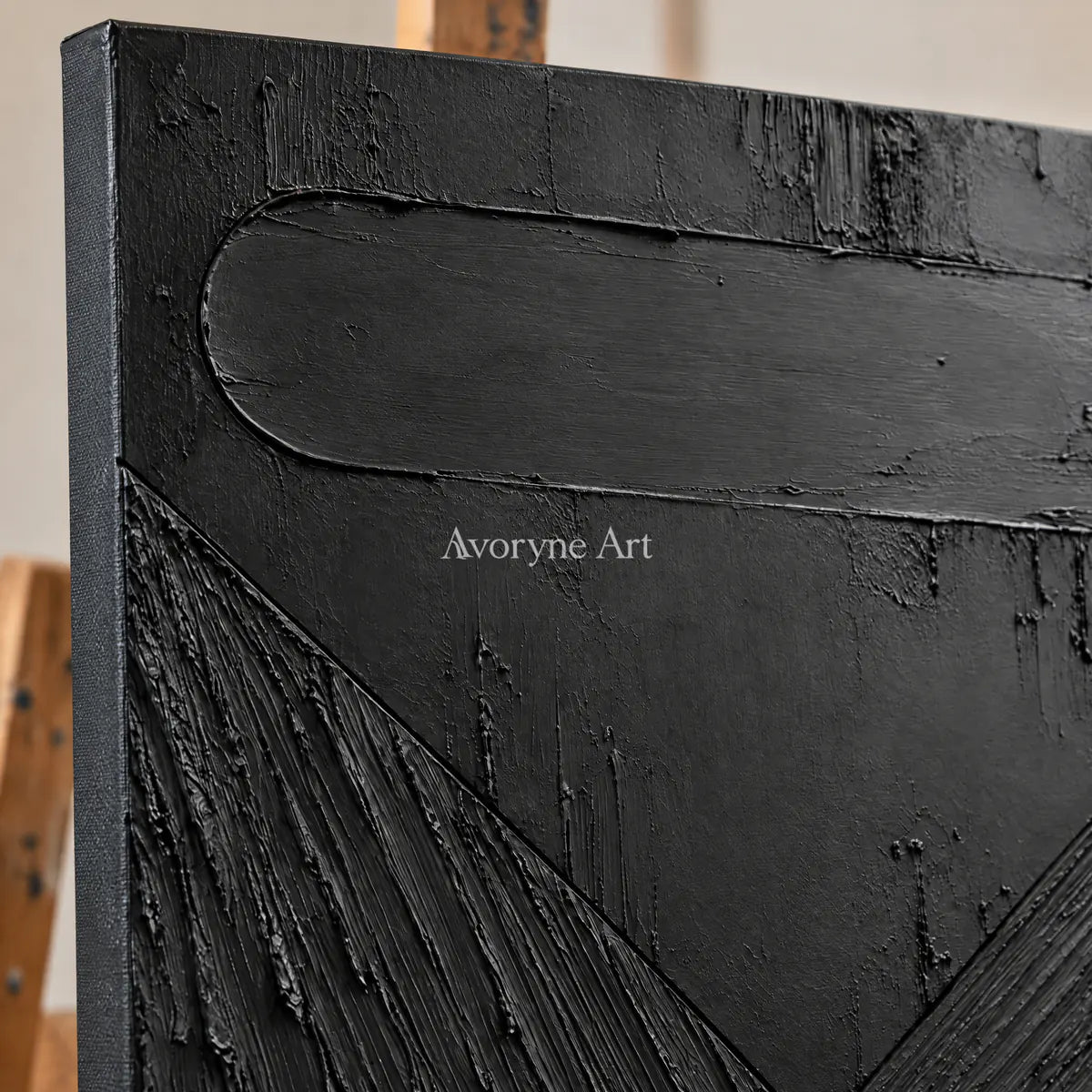 Shadow Geometry: Black Textured Abstract Wall Art — detail easel