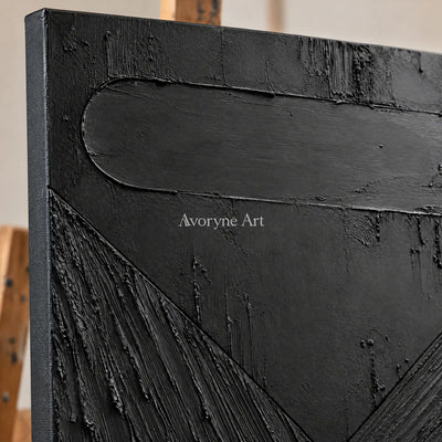 Shadow Geometry: Black Textured Abstract Wall Art — detail easel