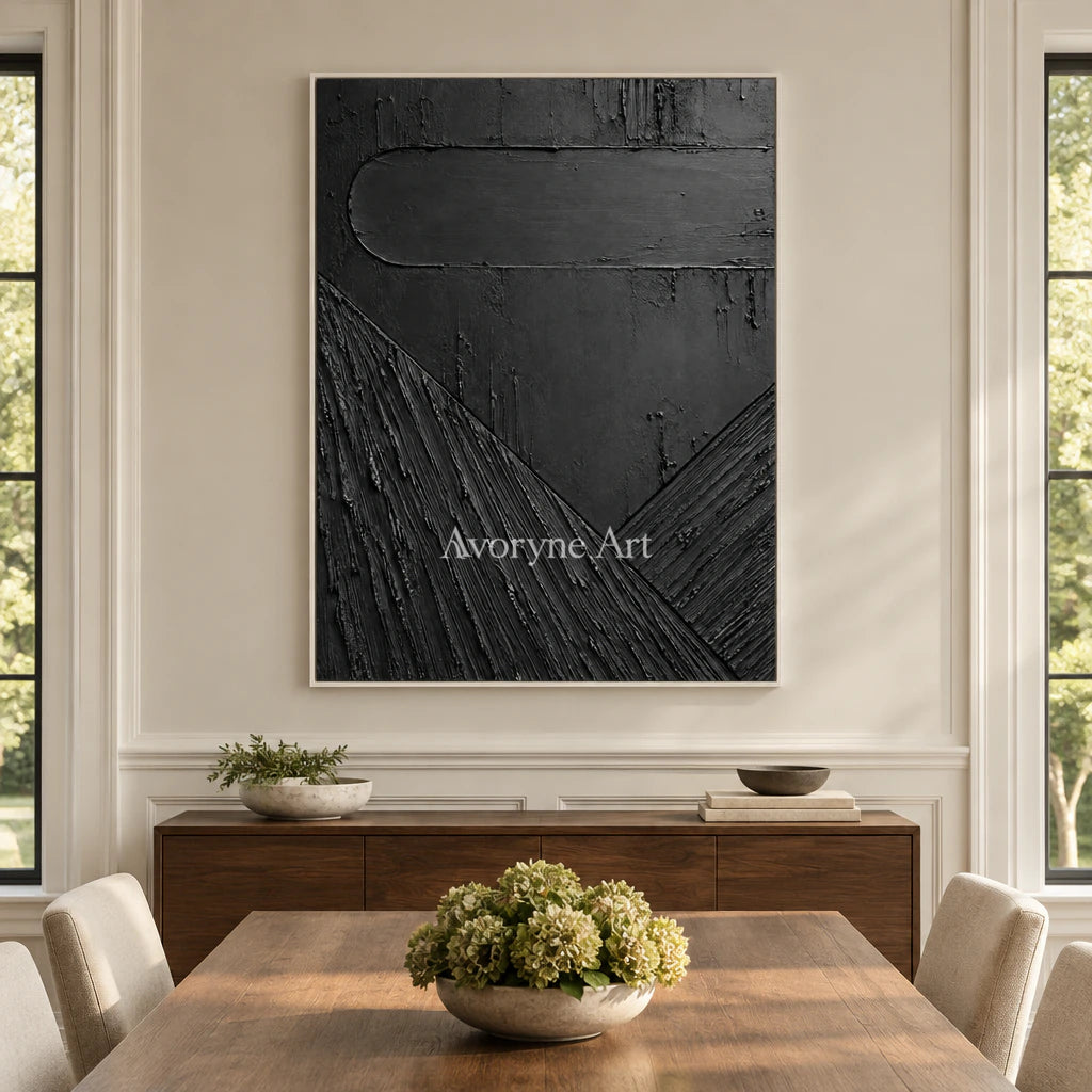 Shadow Geometry: Black Textured Abstract Wall Art — dining white