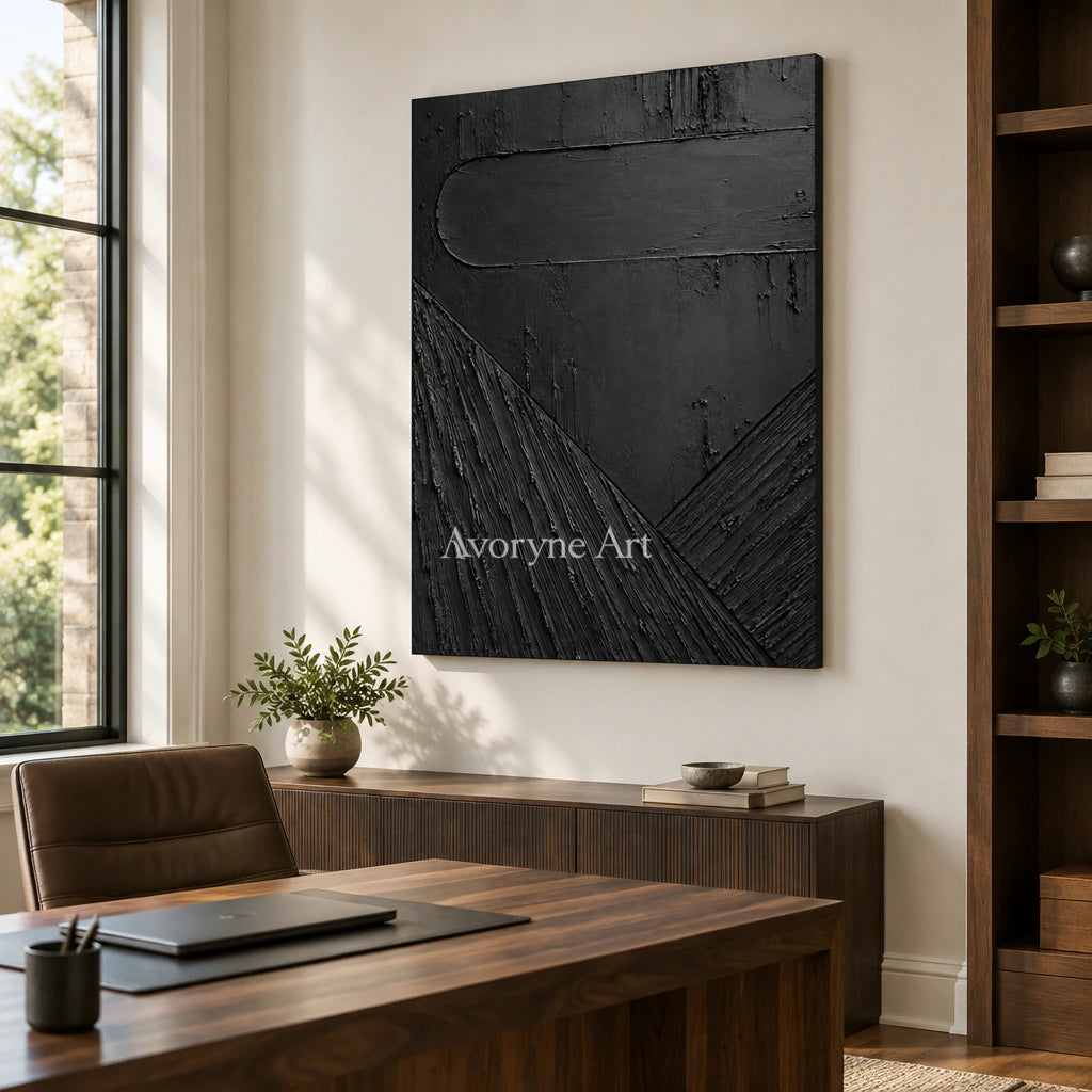 Shadow Geometry: Black Textured Abstract Wall Art — office frameless