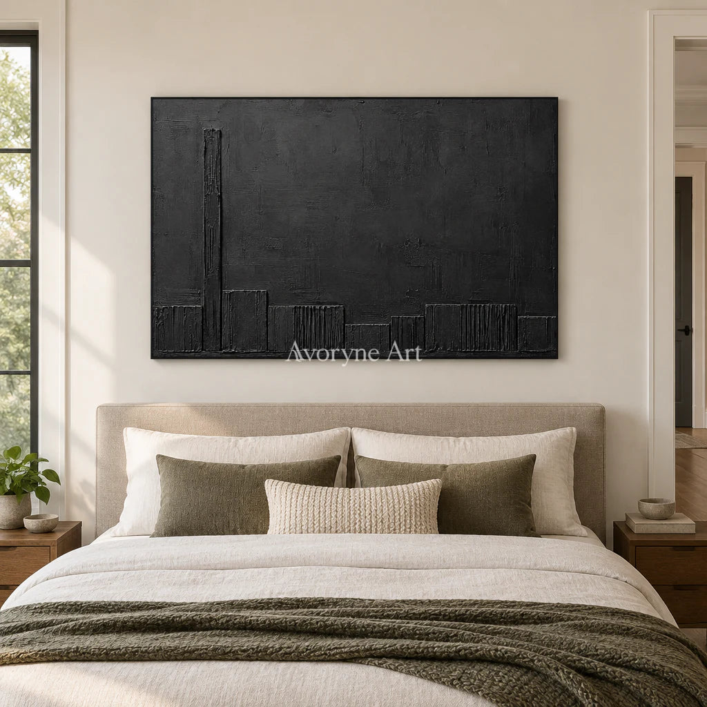 Lowline Shadows: Black Textured Abstract Wall Art — bedroom black
