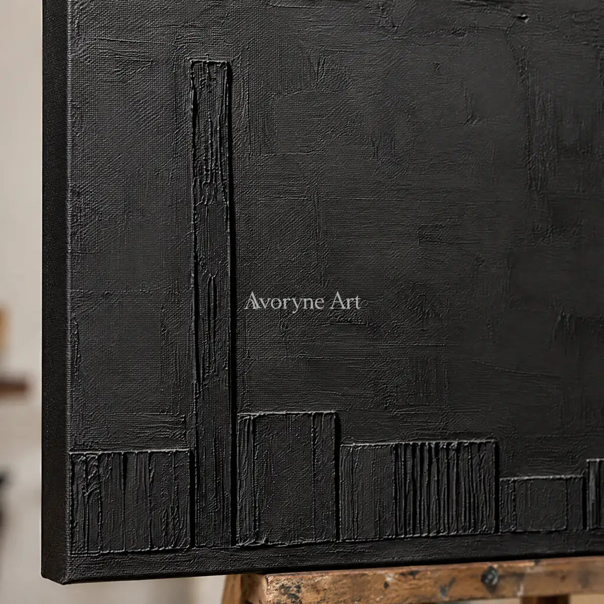 Lowline Shadows: Black Textured Abstract Wall Art — detail easel
