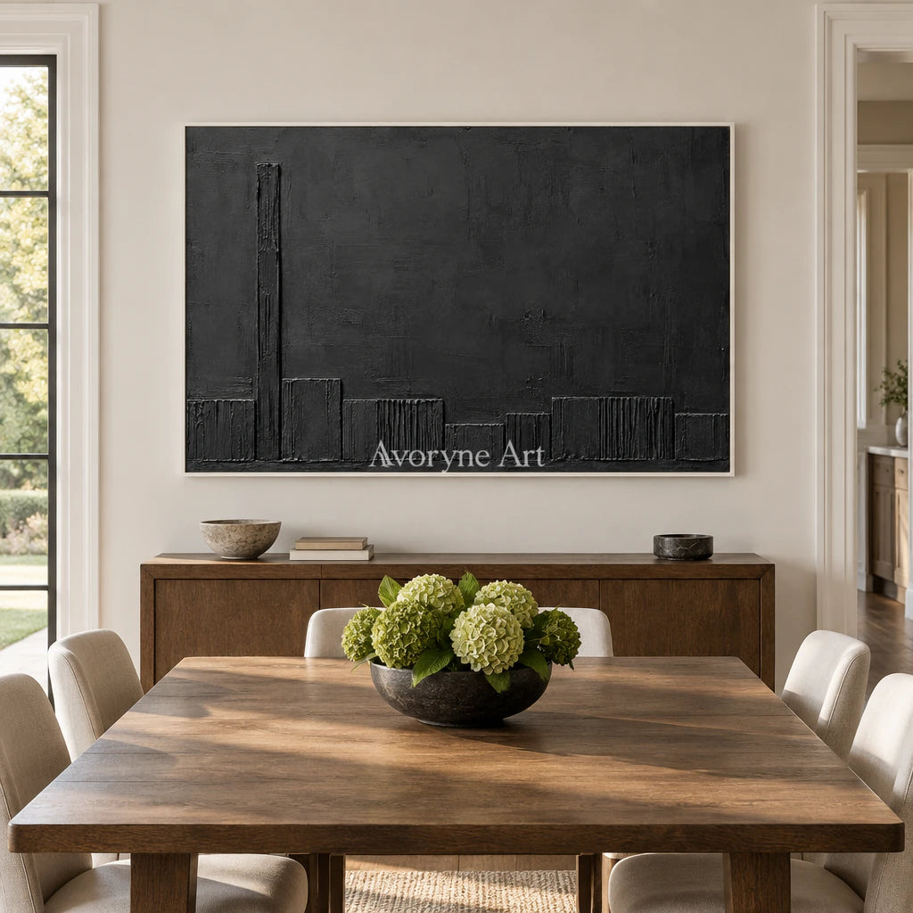 Lowline Shadows: Black Textured Abstract Wall Art — dining white