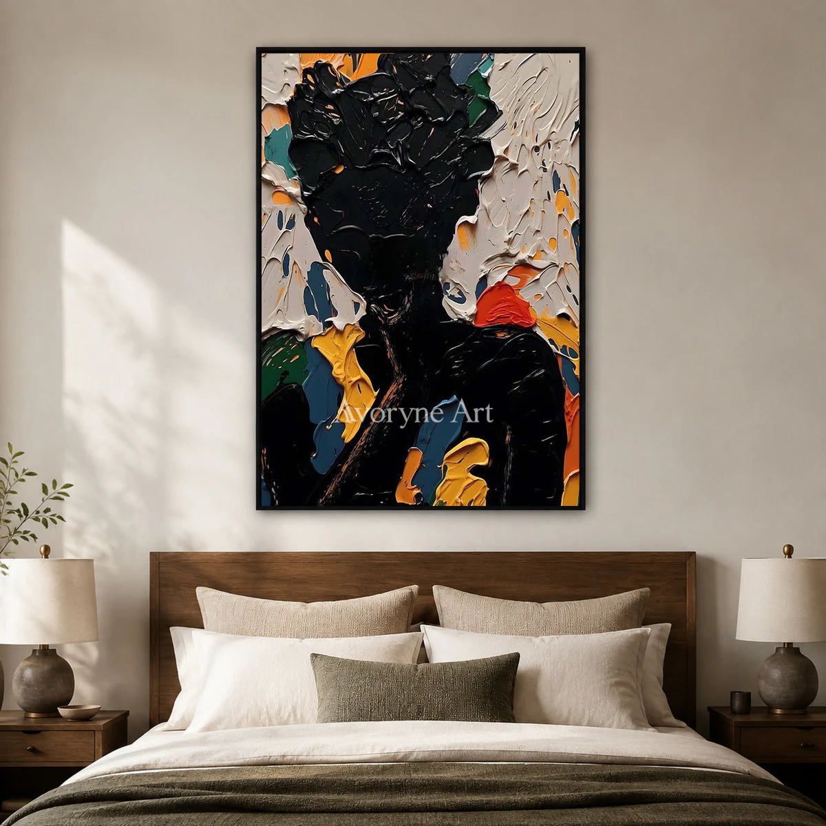 Nocturne Visage: Black Textured Portrait Wall Art — bedroom black