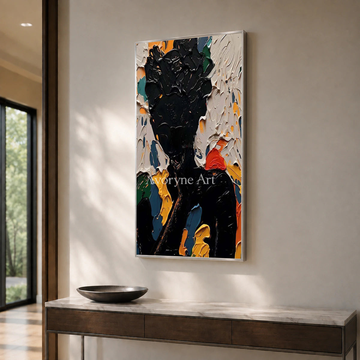 Nocturne Visage: Black Textured Portrait Wall Art — entry silver