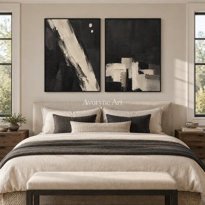 Drybrush Exchange: Black White Abstract Diptych Wall Art — bedroom black