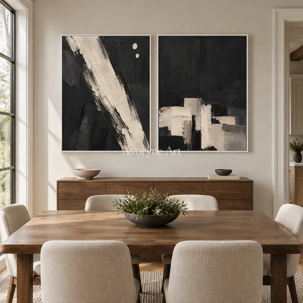 Drybrush Exchange: Black White Abstract Diptych Wall Art — dining white