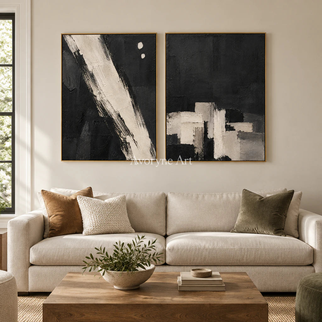Drybrush Exchange: Black White Abstract Diptych Wall Art — living gold