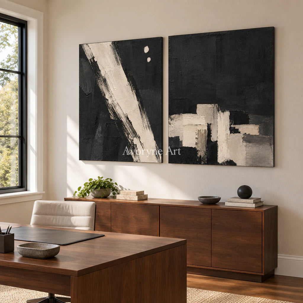 Drybrush Exchange: Black White Abstract Diptych Wall Art — office frameless