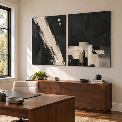 Drybrush Exchange: Black White Abstract Diptych Wall Art — office frameless