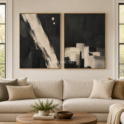 Drybrush Exchange: Black White Abstract Diptych Wall Art — villa wood