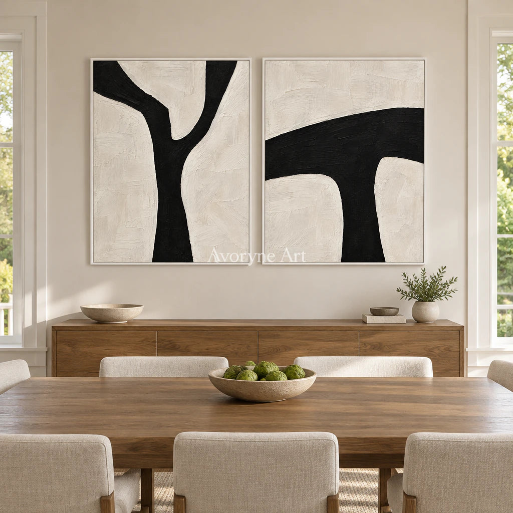 Branching Balance: Black White Diptych Wall Art — dining white