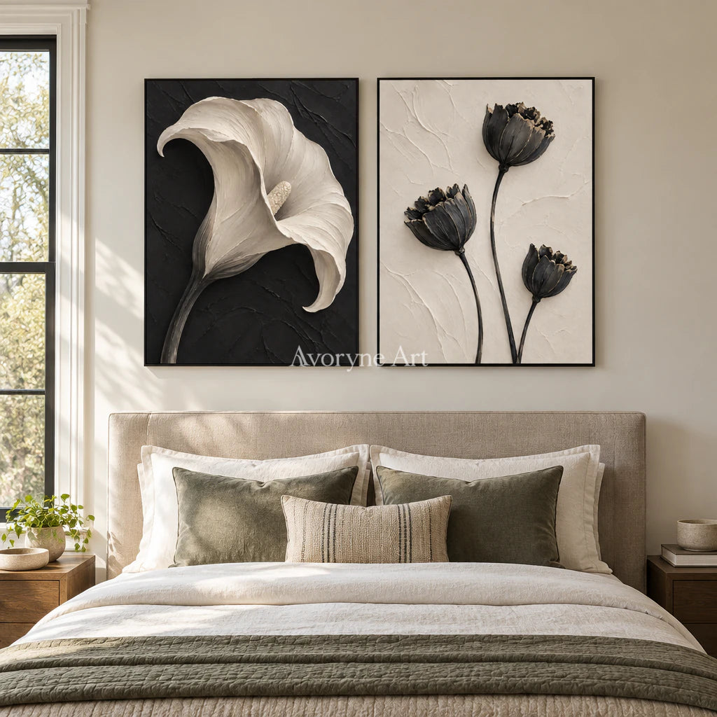 Botanical Contrast: Black White Floral Diptych Wall Art — bedroom black