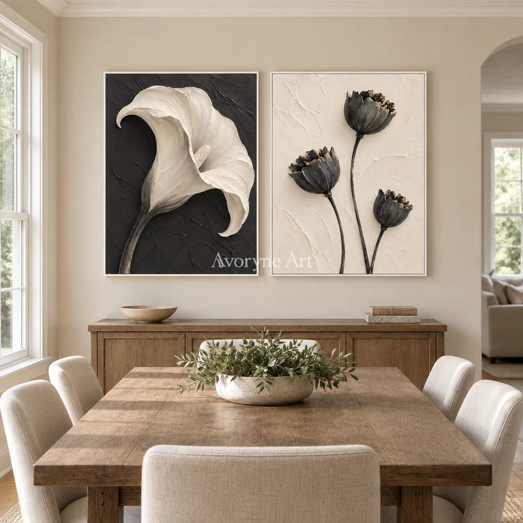 Botanical Contrast: Black White Floral Diptych Wall Art — dining white
