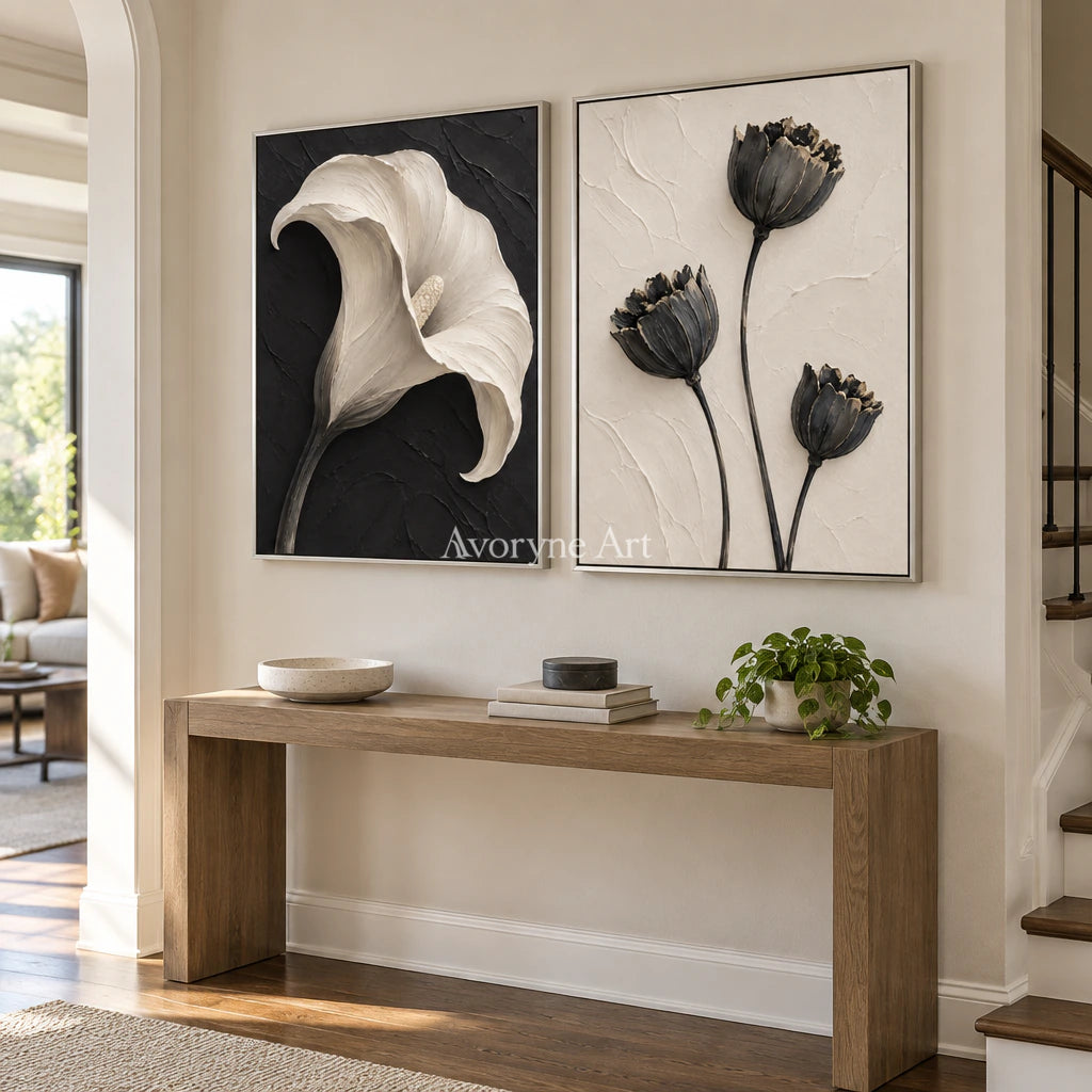 Botanical Contrast: Black White Floral Diptych Wall Art — entry silver
