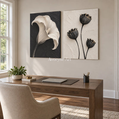 Botanical Contrast: Black White Floral Diptych Wall Art — office frameless