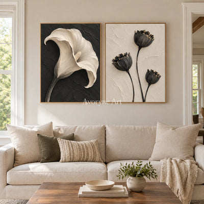 Botanical Contrast: Black White Floral Diptych Wall Art — villa wood