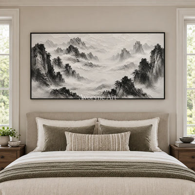 Inkward Peaks: Black White Mountain Art — bedroom black