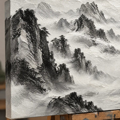 Inkward Peaks: Black White Mountain Art — detail easel