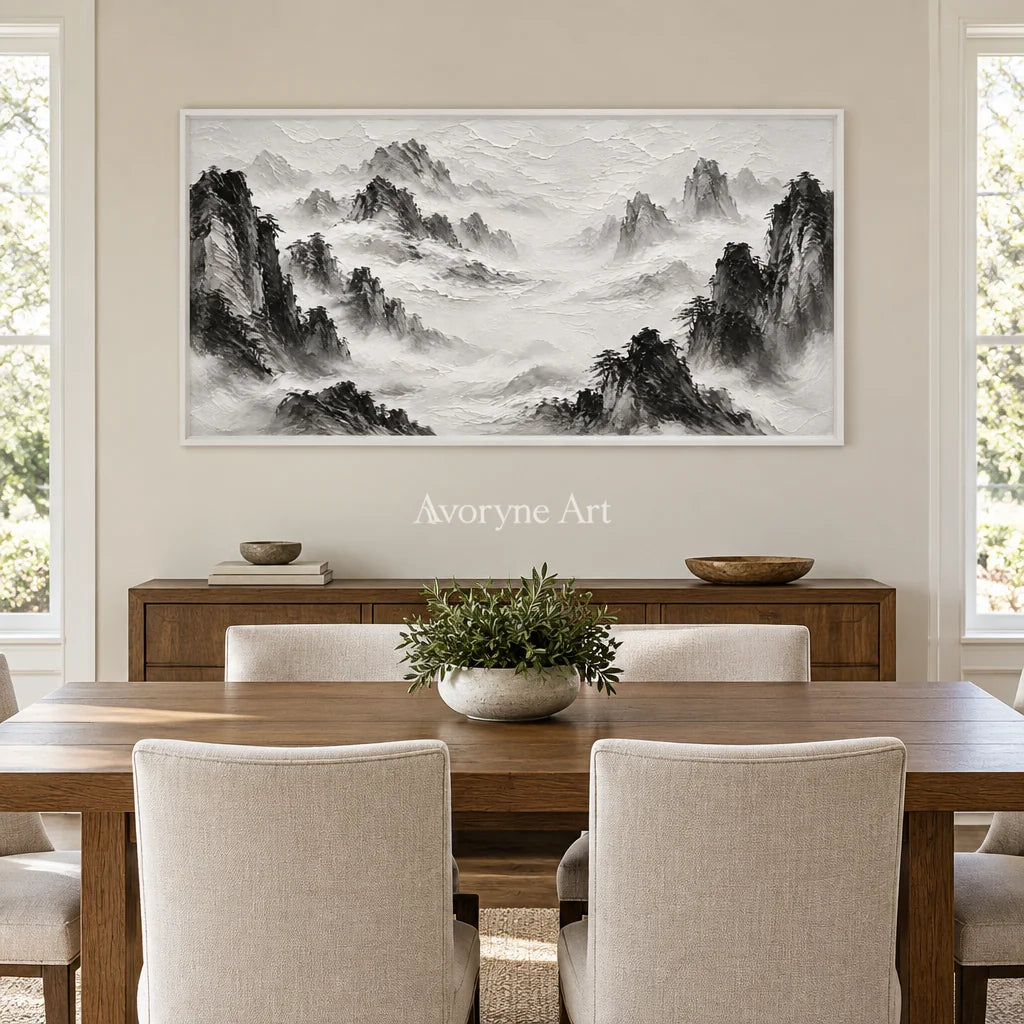 Inkward Peaks: Black White Mountain Art — dining white