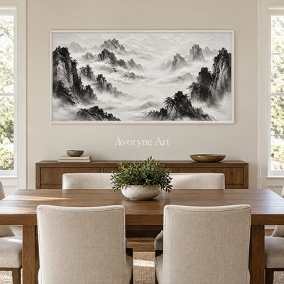 Inkward Peaks: Black White Mountain Art — dining white