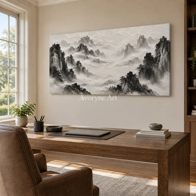Inkward Peaks: Black White Mountain Art — office frameless