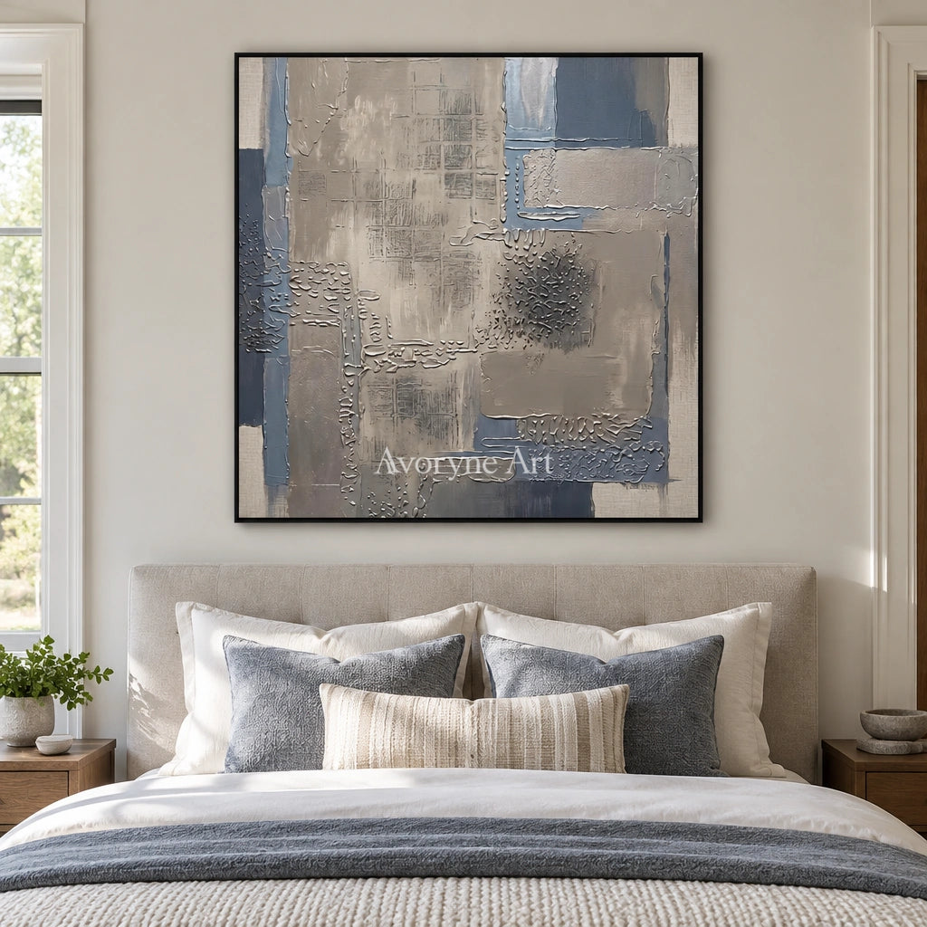 Amber Echo block relief wall art with a black frame above a bed in a bedroom