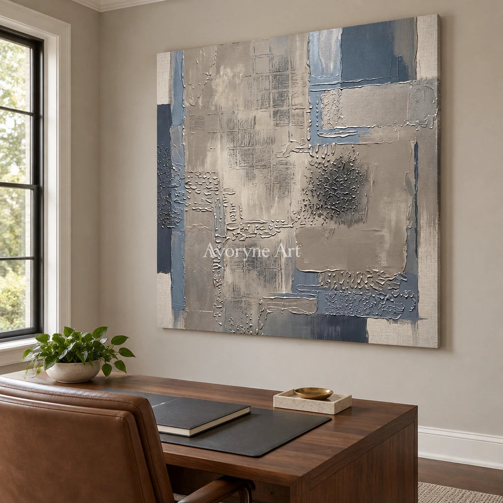Amber Echo block relief wall art as a frameless stretched canvas in a home office