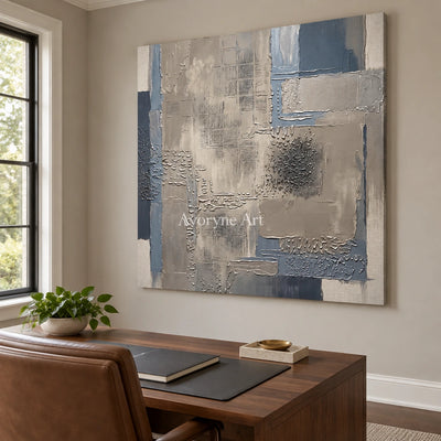 Amber Echo block relief wall art as a frameless stretched canvas in a home office