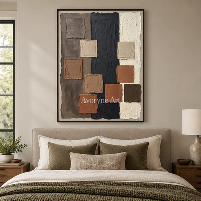 Soft Passage block relief wall art with a black frame above a bed in a bedroom