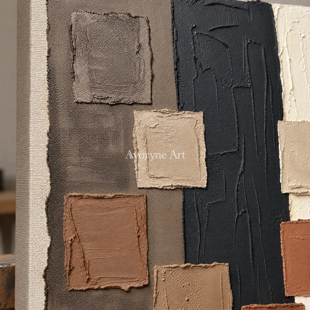 Close-up of the hand-painted texture of Soft Passage block relief wall art on an easel