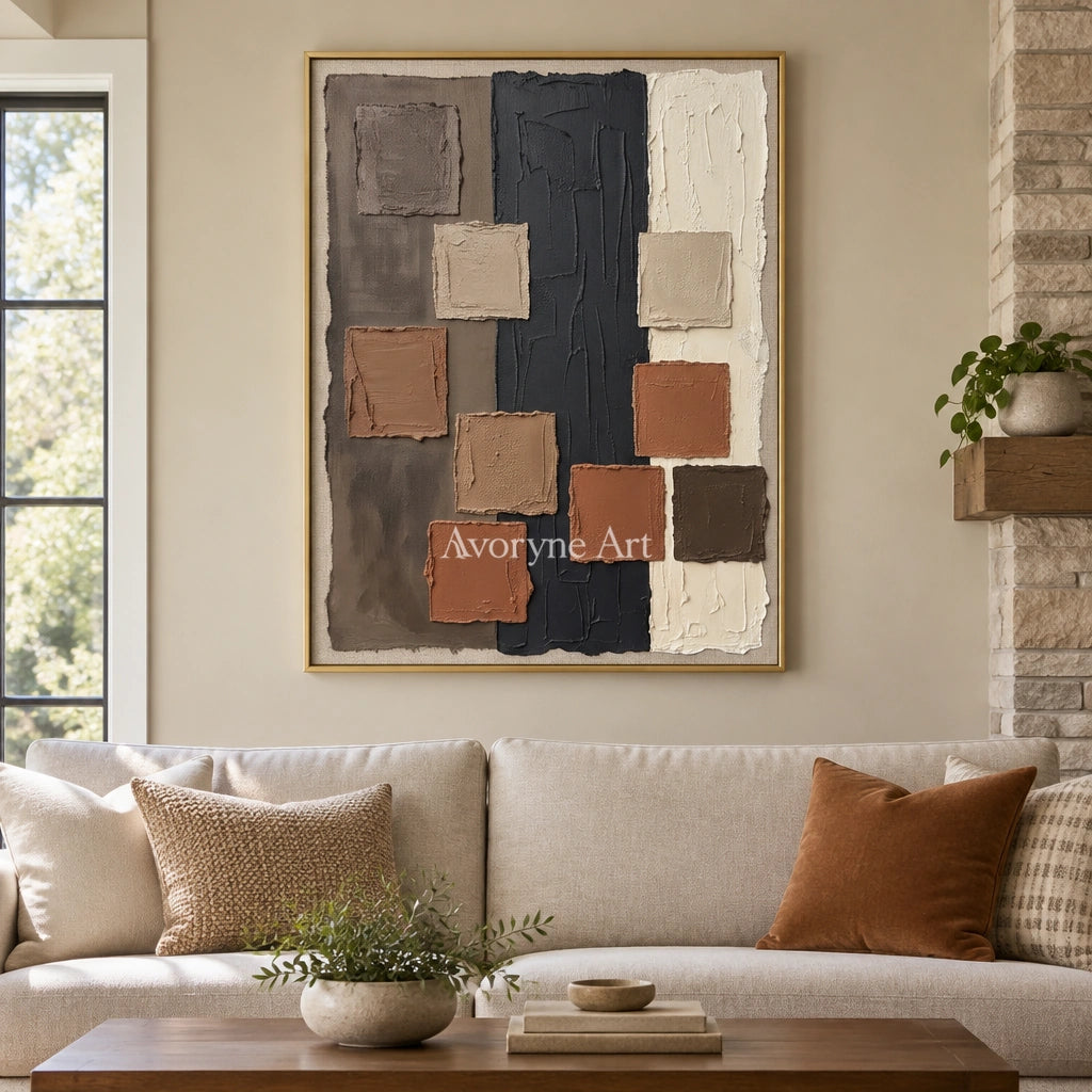 Soft Passage block relief wall art with a gold frame hanging in a living room