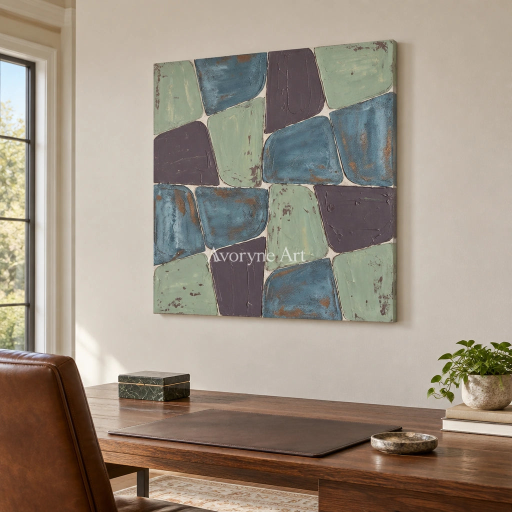 Soft Interval block relief wall art as a frameless stretched canvas in a home office