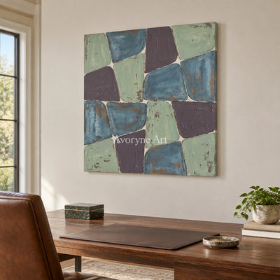 Soft Interval block relief wall art as a frameless stretched canvas in a home office