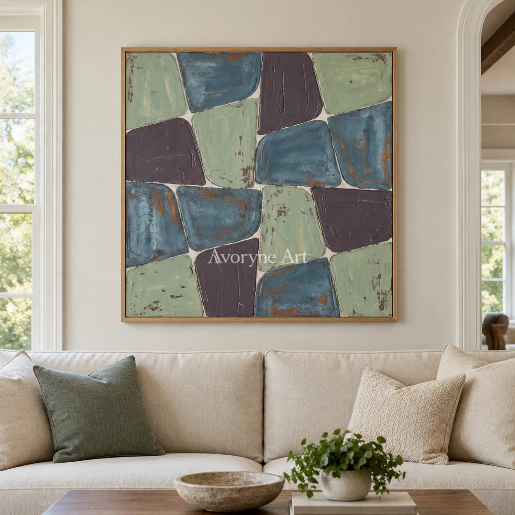 Soft Interval block relief wall art with a wood frame in a villa living space